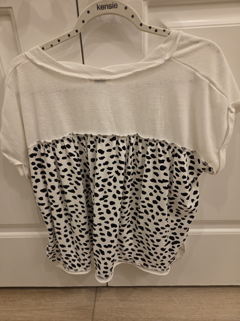 Umgee White Top with Black Spot Print Mixed-Media Short Sleeve